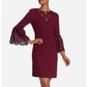 Trina Turk Luciana Embroidered Sheath Dress‎ Pino Noir Sz 2 Cocktail Bell Sleeve